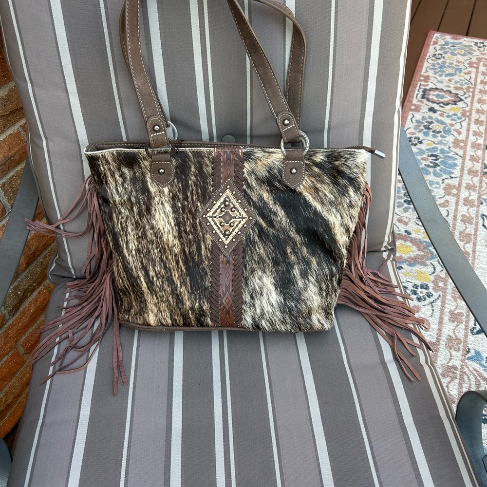 Trinity ranch brown cowhide purse with fringe and matching wallet